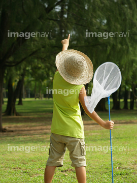 昆虫採集 昼 カジュアルウェア 男の子 麦わら帽子 の画像素材 子育て ライフスタイルの写真素材ならイメージナビ